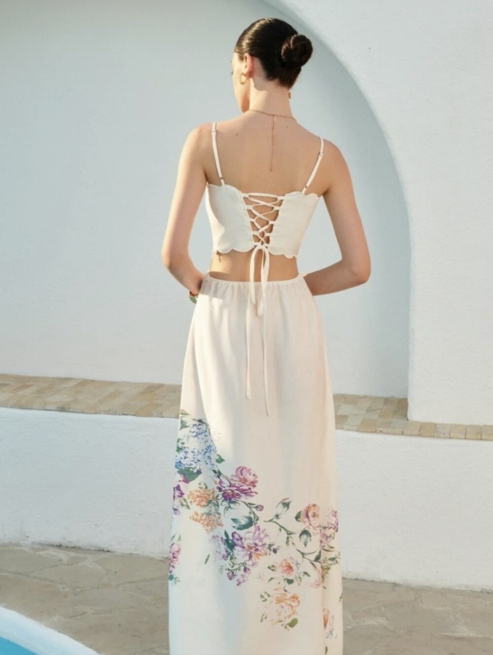 Commense Dress Maxi Floral Print Cutout Lace Up Adjustable Back L NWT